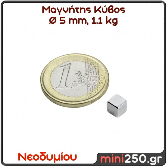 5mm  1.1Kg  Μαγνήτης Νεοδυμίου Κύβος Διάμετρος : Ø5 mm, Ελκτική Δύναμη 1,1kg ( 1 Τεμάχιο )  MAG-0032