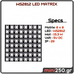 8x8 WS2812 RGB Addressable LED MATRIX 8x8cm 15.3W 64 SMD LED 5050 1224lm 120° DC 5V IP20 Μαύρο Σώμα 90607