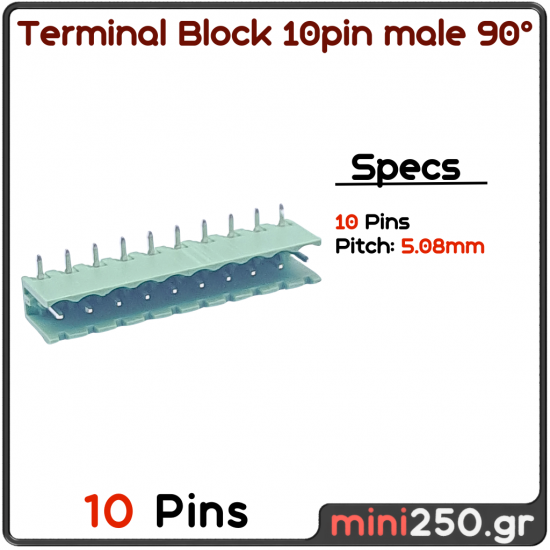 10PIN male γωνιακό 90° 5,08mm Pitch PCB Screw Terminal Block πράσινο MPN: EL-0097