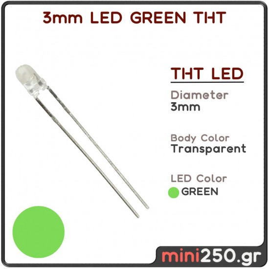3mm LED GREEN THT - 10 τεμάχια