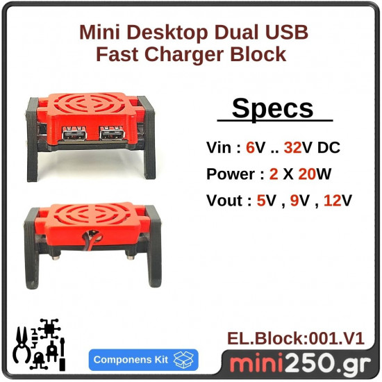 Mini Desktop Dual USB Fast Charger Block 20W Vin 6V .. 32V DC EL.Block:001.V1