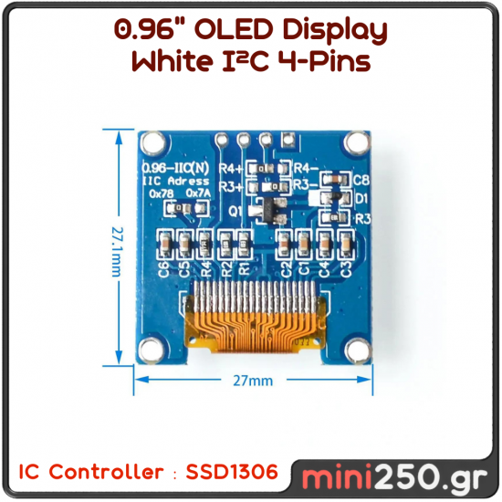 0.96" OLED Display  White I²C 4 Pins MPN: EL-0082